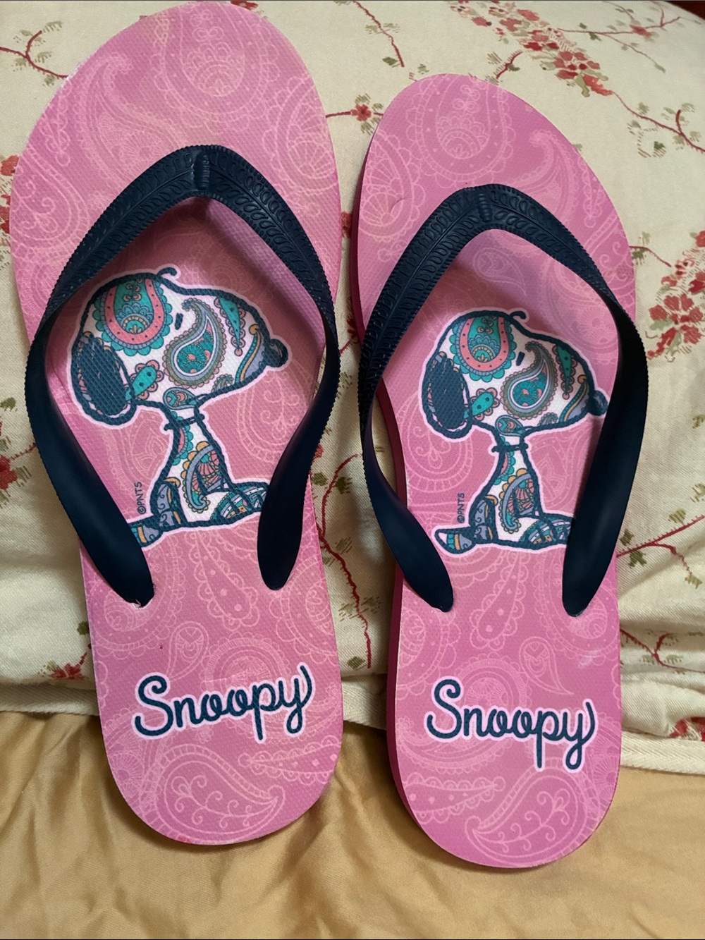Peanuts Snoopy Pink Paisley Flip Flops with Navy Straps